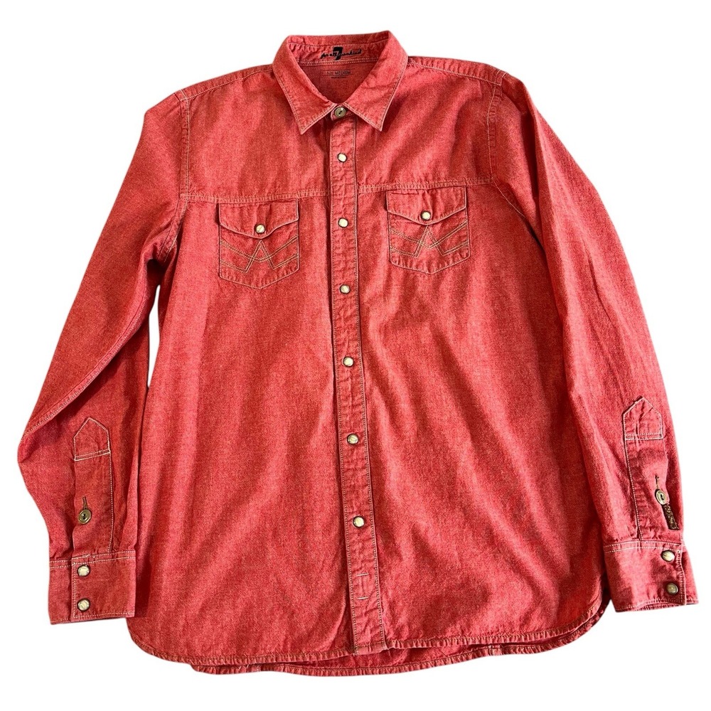 7 For All Mankind Men's Western Shirt Pink Orange  Long Sleeve Snap Button Med‎